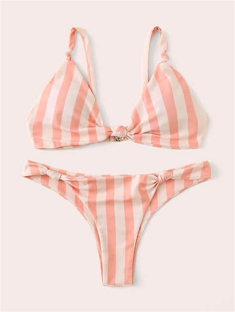 Pink Striped Swimsuit Triangle Cami Top With Hipster Bikini Bottom