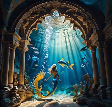 Premium Photo | A mermaid in an underwater scene with fish and a mermaid.