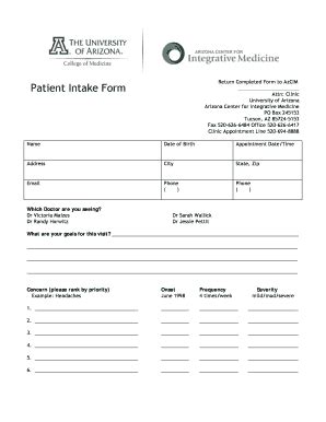 Fillable Online Patient Intake Form Arizona Center For Integrative