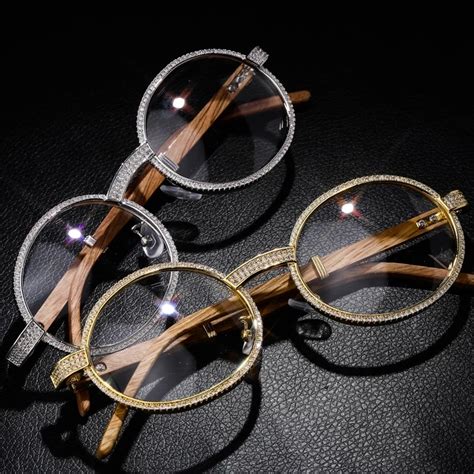 Oh Vintage Round Cubic Zircon Sunglasses New Luxury Men Women Oval Crystal Wood Glasses Iced Out