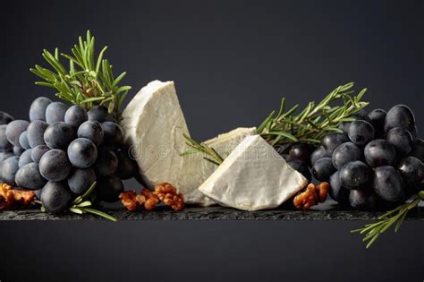 Camembert De Queso Con Uvas Azules De Nueces Y Romero Foto De Archivo