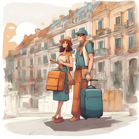 Pareja De Turistas Con Maletas Y Mapa En La Ciudad Vector Dibujo