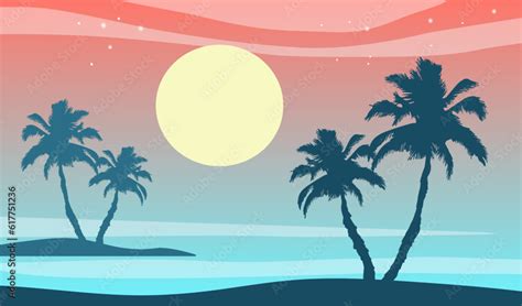 Cartoon flat panoramic landscape, sunset with the palms on colourful ...