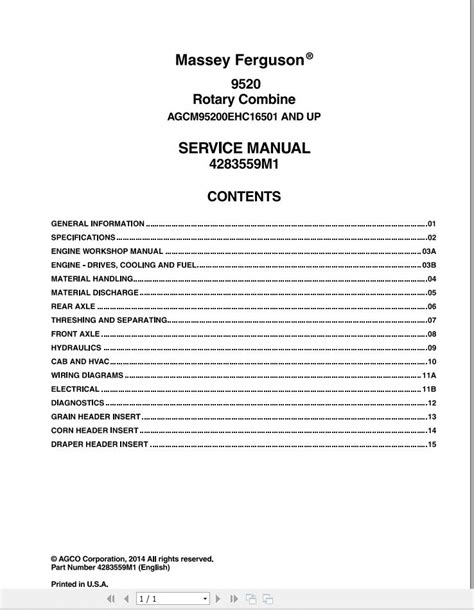 Massey Ferguson Rotary Combine 9520 Service Manual 4283559M1 Auto