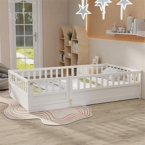 Harper And Bright Designs White Twin Size Wood Frame Floor Bed Platform