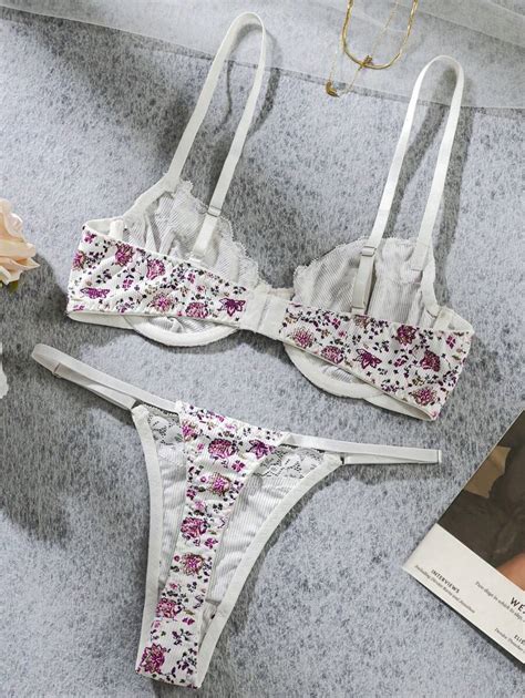 Floral Print Contrast Lace Underwire Lingerie Set Shein Usa