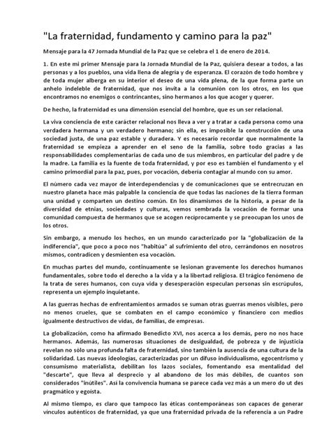 La Fraternidad Fundamento Y Camino Para La Paz Pdf Caín Y Abel Cristianismo