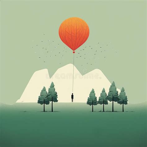 Cheerful Hot Air Balloon Flying Through Minimalistic Mountainous Vistas