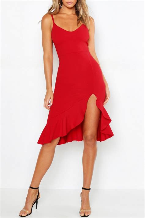 Women S Strappy Frill Hem Midi Dress Boohoo Uk Cute Red Dresses Red Salsa Dress Salsa Dress