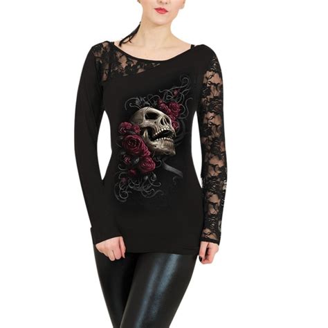 Womens Skull Print Shirt Gothic Lace Tops Blouse Long Sleeve Slim Tunic