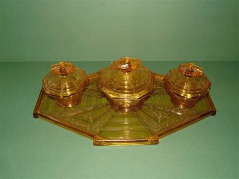 1930s Art Deco Amber Glass Dressing Table Set By Biminicricket 50 00 Dressing Table Set Amber