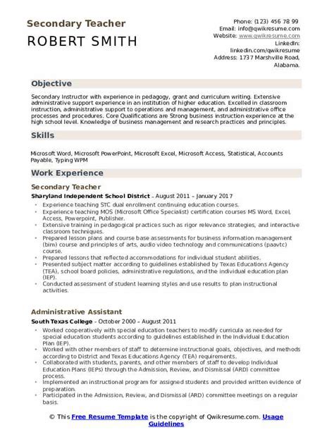 Secondary Teacher Resume Samples | QwikResume