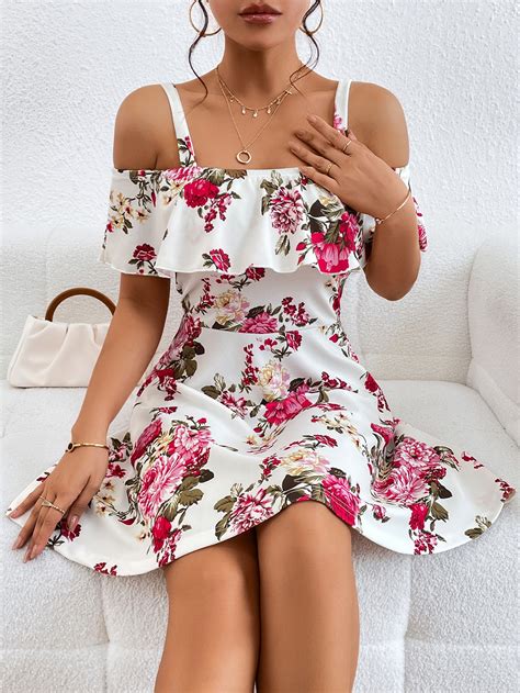 Shein Clasi Floral Print Cold Shoulder Ruffle Trim Dress Shein Usa