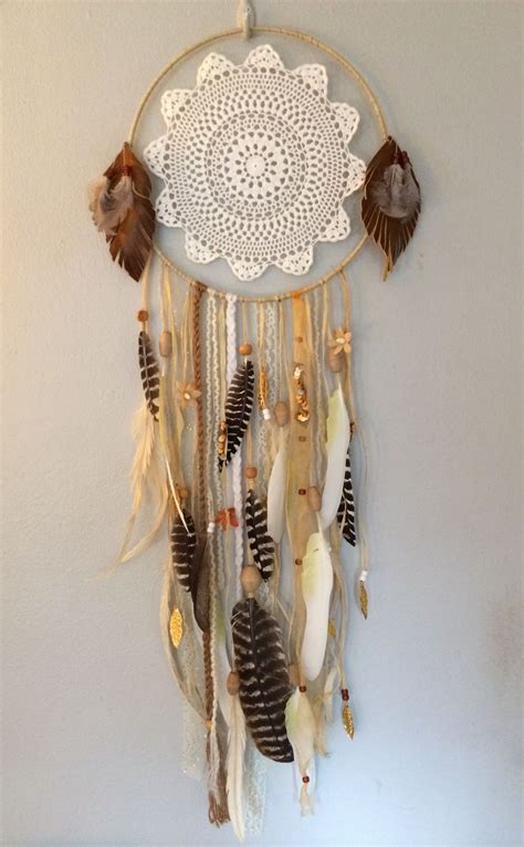 Magic Dreamcatcher With Striped Feathers And Vintage Lace Doily By