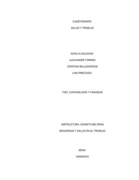 Cuestionario Salud Y Trabajo Cuestionario Salud Y Trabajo Natalia