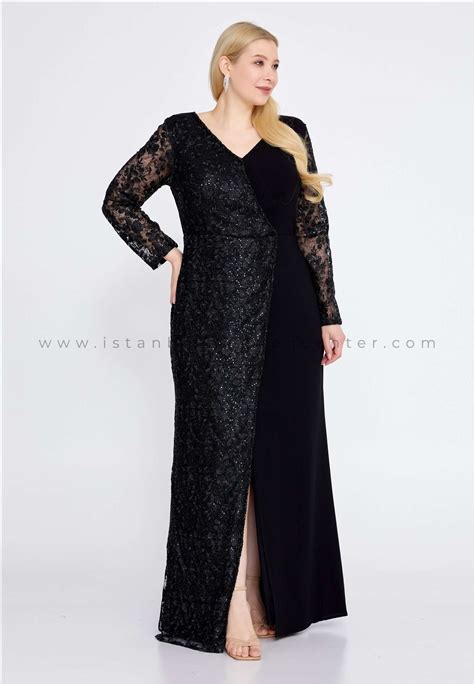 ERŞE BREEZE Long Sleeve Maxi Lace Column Plus Size Black Wedding Guest