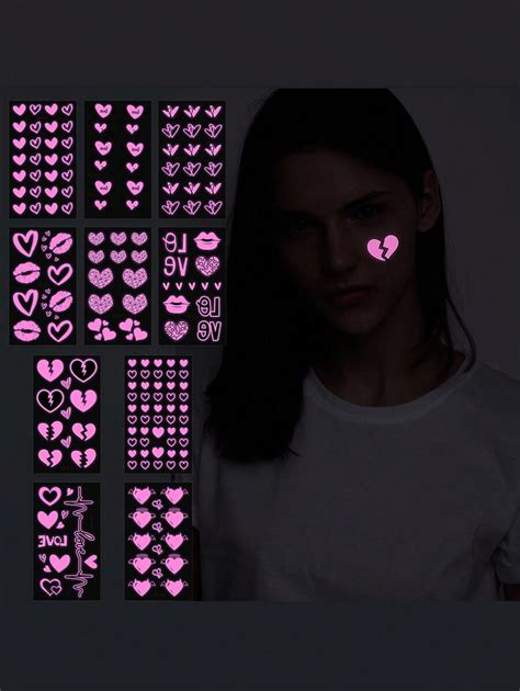 Pcs Pink Heart Tattoo Sticker Two Colour Glow In The Dark Tattoo