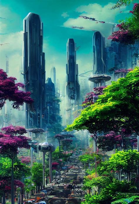 The Futuristic City Is Surrounded By Trees And Flowers