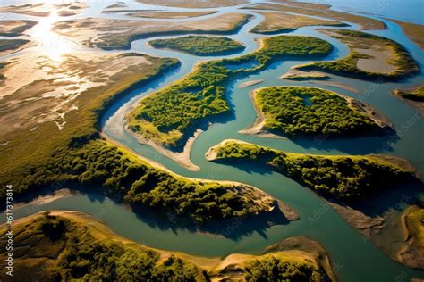 River delta - aerial view of river with many branched river branches ...