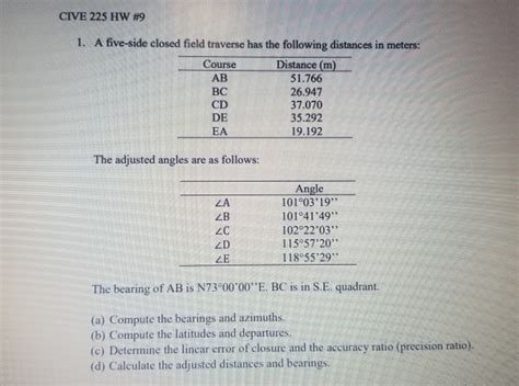 Solved CIVE 225 HW 9 1 A Five Side Closed Field Traverse Chegg