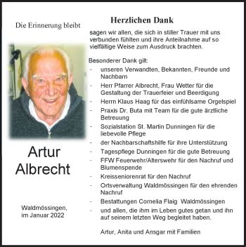 Traueranzeigen von Artur Albrecht Schwarzwälder Bote Trauer