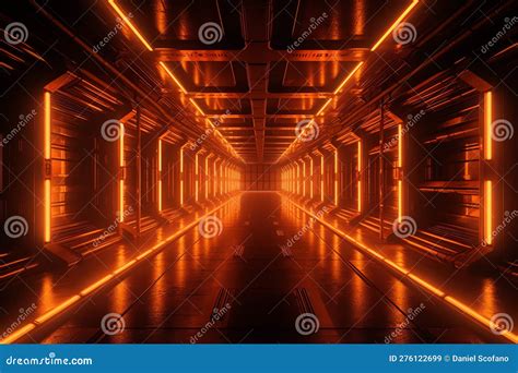 Cyber Laser Neon Orange Glowing Beams Sci Fi Futuristic Hangar