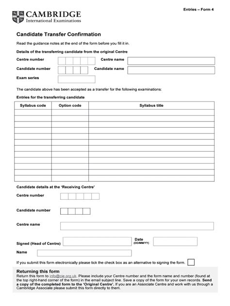 Fillable Online Cie Org Candidate Transfer Confirmation Entries