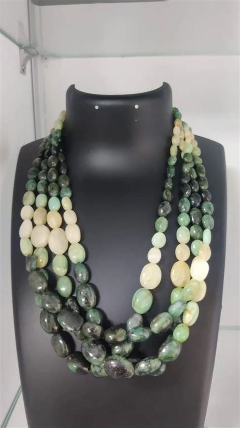 Party Wear Green And White Emerald Oval Shape Gemstone Bead Mala For