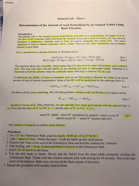 Solved Antacid Lab Part A Determination Of The Amount Of Chegg