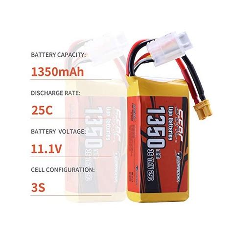 SUNPADOW Lot De 2 Batteries LiPo 3S JST 11 1 V 25 C 1350 MAh Pour A