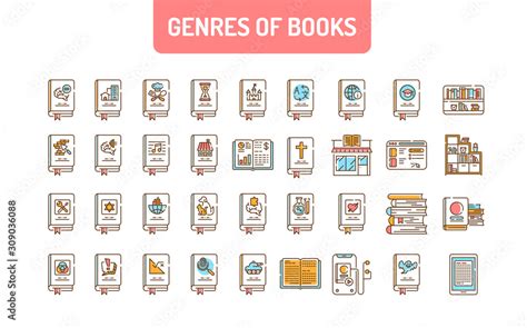 Genres Of Books Color Line Icons Set Collection Of All Genres In