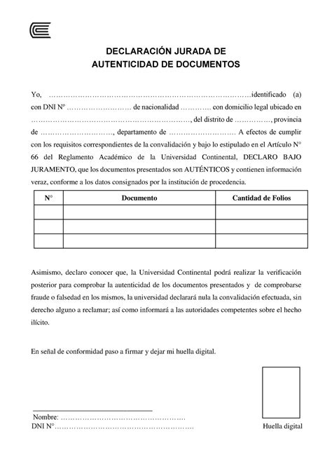 Declaracion De Autentecidad De Documento Modelo Declaraci N Jurada De