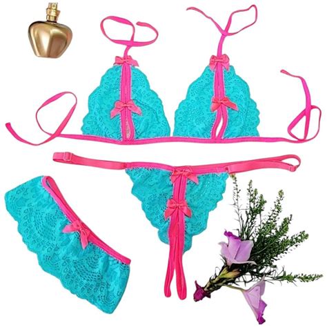 Kit 3 Conjuntos Apressadinha Trio Lingerie Renda Bicolor Perneira Laço Sensual Neon Conforto