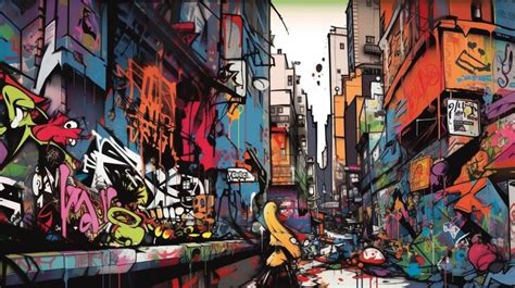 Premium Photo | A colorful street scene with a graffiti on the wall.