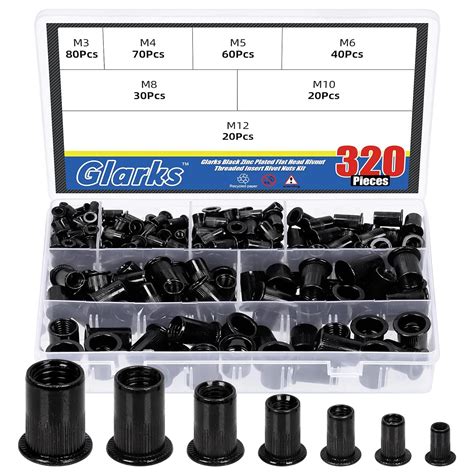 Glarks Juego de 320 tuercas de remache métricas M3 M4 M5 M6 M8 M10 M12