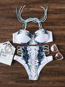 White Flower Print Ladder Cutout High Waist Bikini Set Shein Sheinside