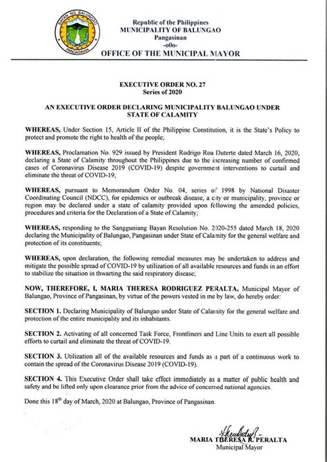 EXECUTIVE ORDER NO 27 Series Of 2020 DECLARING MUNICIPALITY OF