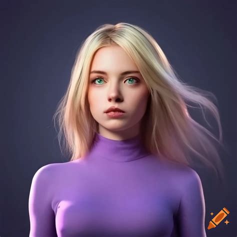 Girl With Green Eyes Blonde Hair And Purple Shirt On Craiyon