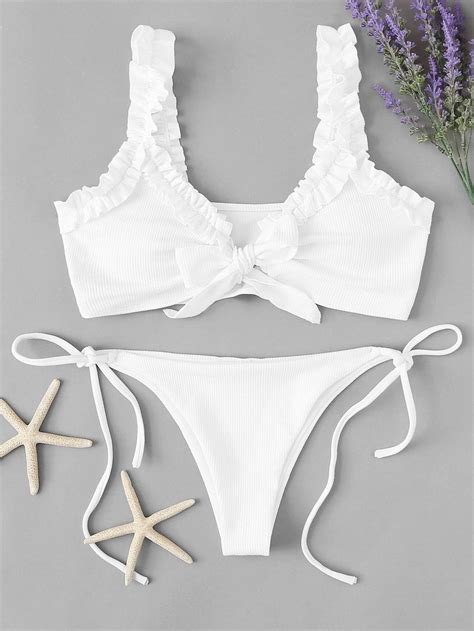 Frill Top With Tie Side Bikini Set Shein Sheinside Trajes De Bikini