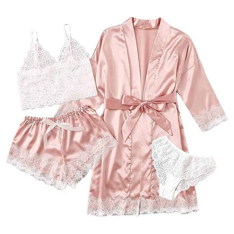 Hoksml Four Piece Lingerie Set For Women Sexy Garter Lingerie Set Robes Lace Bodysuit Deep V