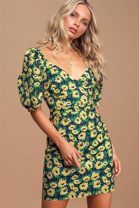 Floral Inclusive Navy Blue Floral Print Puff Sleeve Mini Dress In 2020