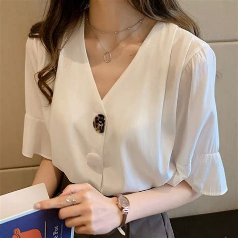 Happo V Neck Bell Sleeve Chiffon Blouse YesStyle