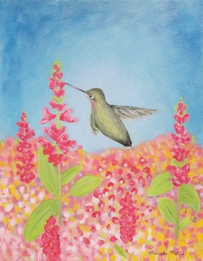 Hummingbird in Flower Garden Painting Original Art on Gallery Wrapped ...