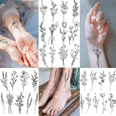 15 Sheets Fanrui Tiny Branch Black Flower Temporary Tattoos For Women