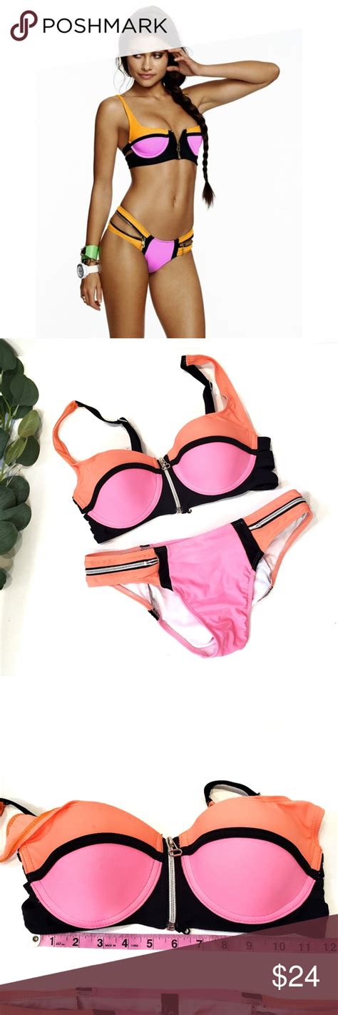 Nwot Bright Orange Pink Zip Bikini Bright Push Up Bikini With Zip