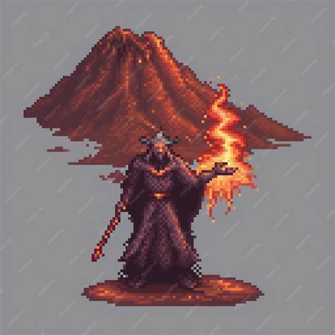 Pixel art depicting a brave man wielding a sword against a fiery