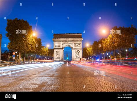 Arc De Triomphearch Of Triumph Paris City At Sunset Long Exposure