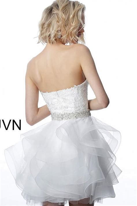 Jovani Jvn Strapless Lace Short Cocktail Fit And Flare Tulle Ruffle