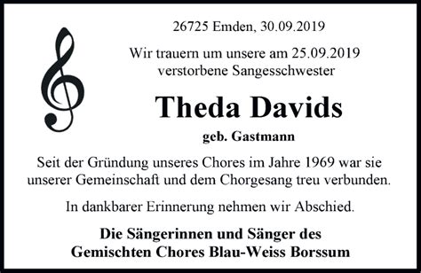 Traueranzeigen Von Theda Davids Nordwest Trauer De