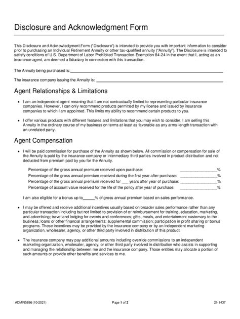 Fillable Online Pte Disclosure And Acknowledgment For Ira Annuity